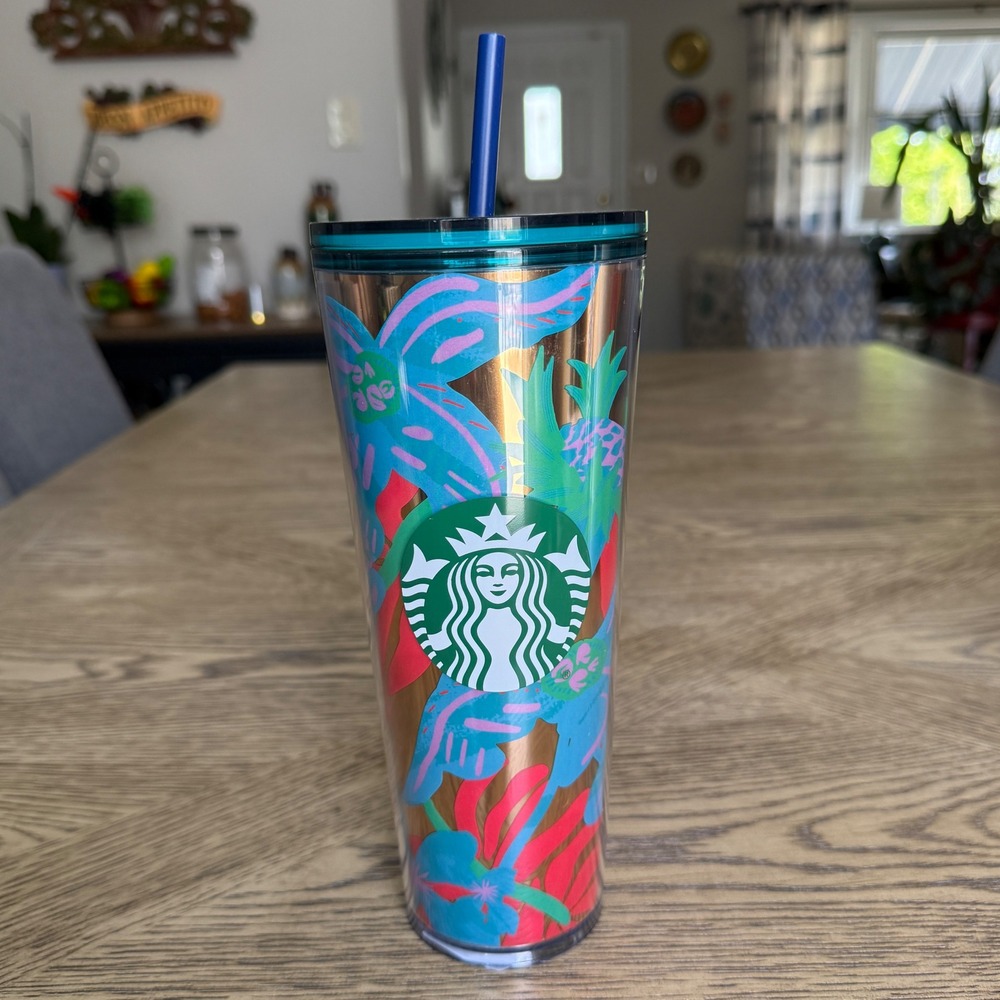Starbucks Summer 2022 Forest Dream Aqua Terra Floral 24oz Tumbler Cold Cup Straw